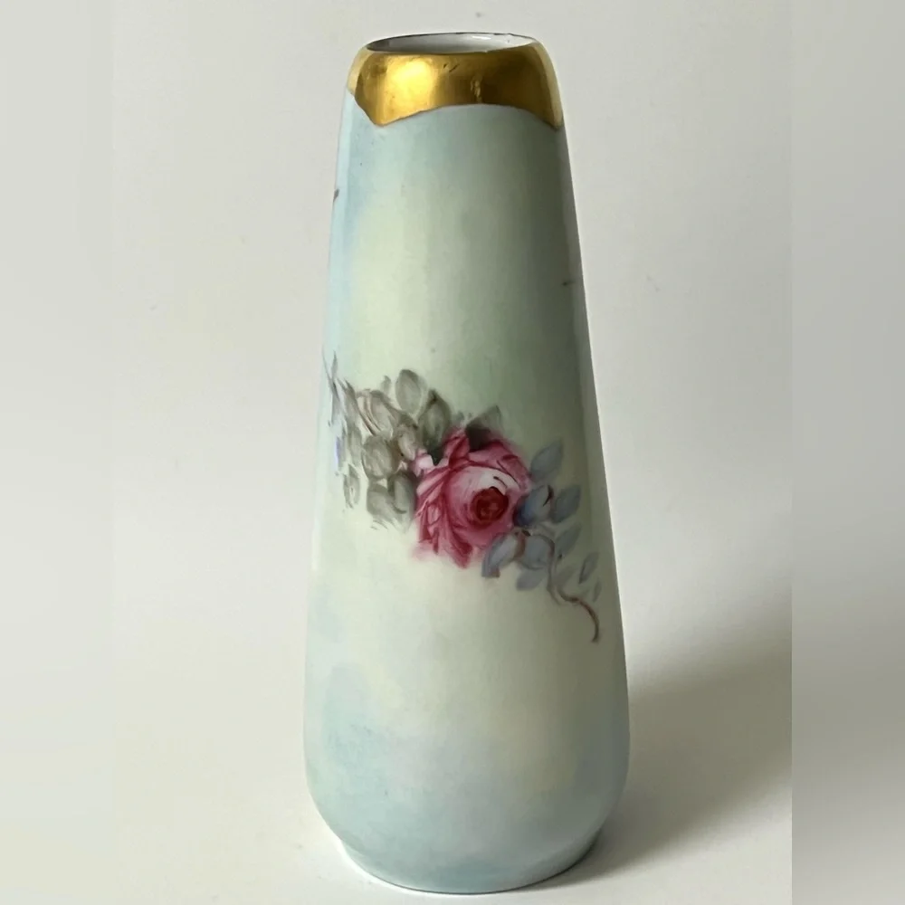 O & E.G. Royal Austria Small Hand Painted Pink Roses Gold Trim Flower Bud Vase